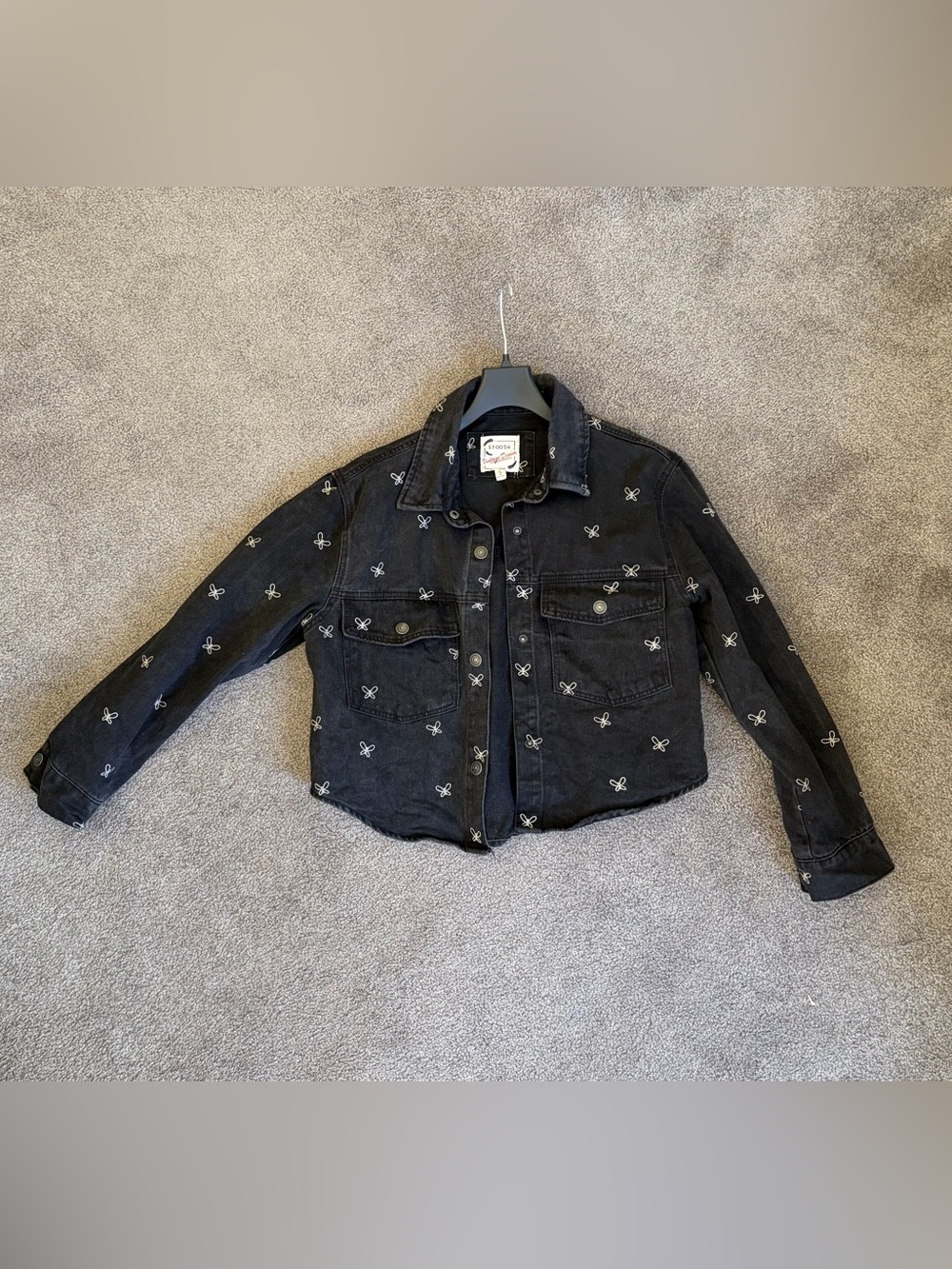 Stoosh Vintage Black Cropped Denim Jacket with White Embroidered Butterflies - S